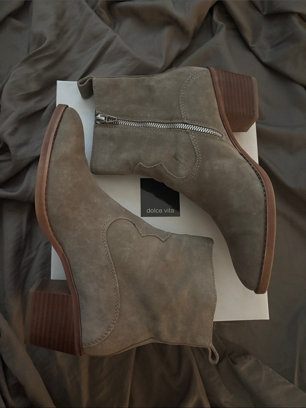 Dolce Vita Suede Taupe Ankle Booties with Side Zip